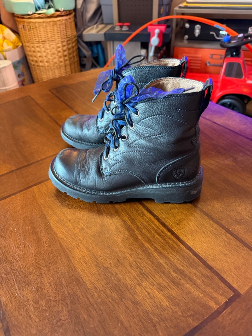 Black Leather Boots with Blue Ribbon Laces - Picture 3 of 6